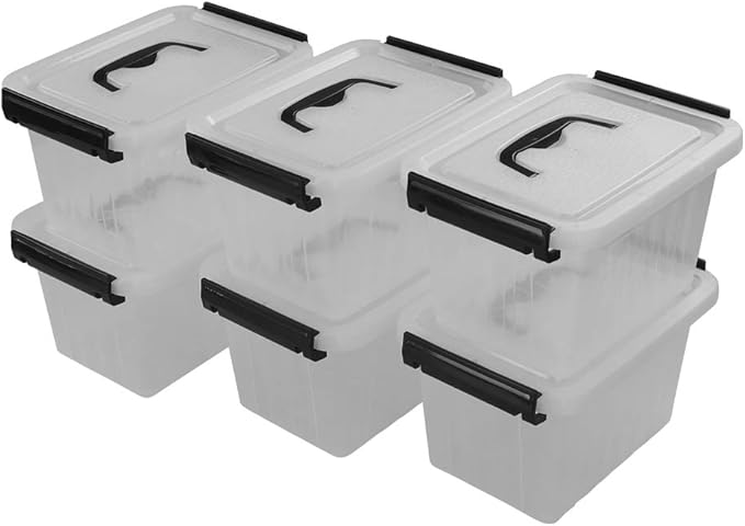 Bringer 3 Quart 6-Pack Clear Plastic Storage Boxes, Latch Box with Black Handle