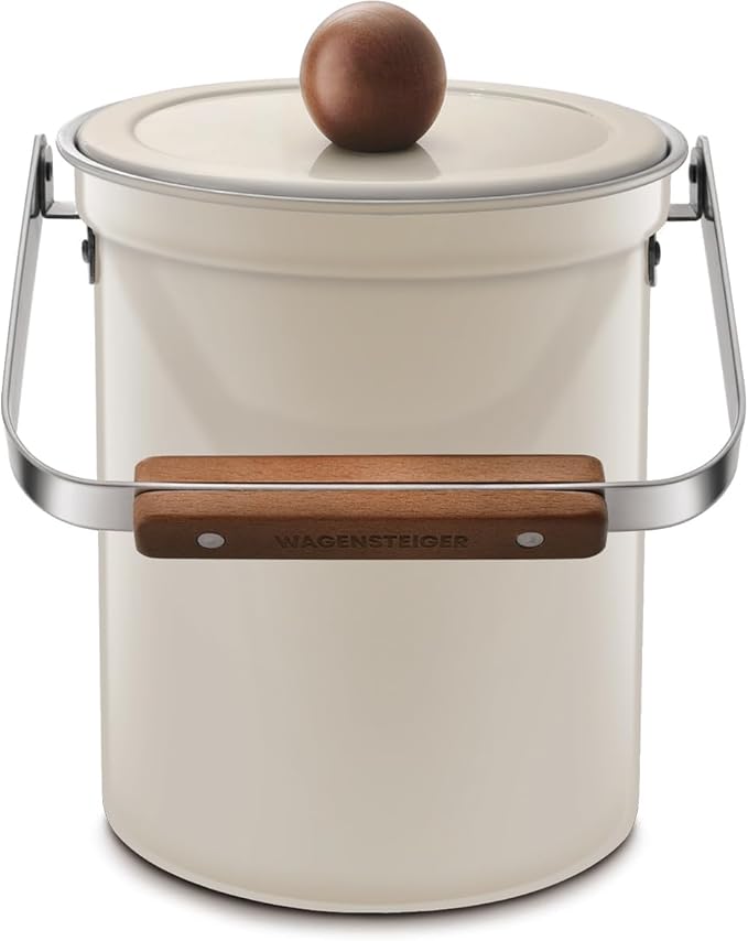 Kitchen Countertop Compost Bin 101ounces / 3Liters, Airtight Lid SUS304 Stainless Steel Odor-Free Food Waste Bin with Wooden Handle Stylish Design Bathroom Trash Can (Off-White)