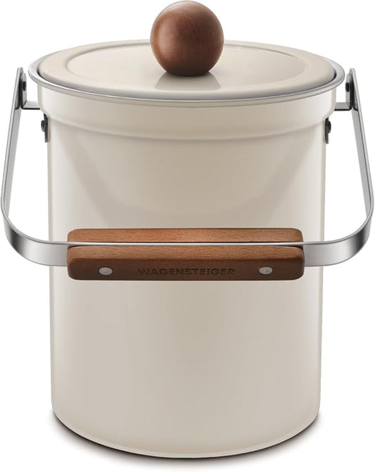 Kitchen Countertop Compost Bin 101ounces / 3Liters, Airtight Lid SUS304 Stainless Steel Odor-Free Food Waste Bin with Wooden Handle Stylish Design Bathroom Trash Can (Off-White)