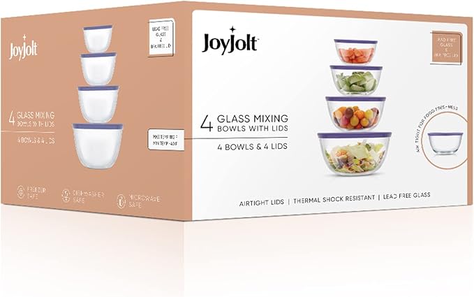 JoyJolt Very Peri 8pc Glass Mixing Bowls with Lids Set - Large Nesting Bowls, 2 Qt, Durable, Dishwasher & Microwave Safe