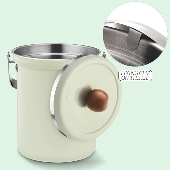 Kitchen Countertop Compost Bin 101Ounces / 3Liter with Airtight Lid, SUS304 Stainless Steel Odor-Free Food Waste Bin with Wooden Handle Stylish Design/Bathroon Trash Can (Mint Green)