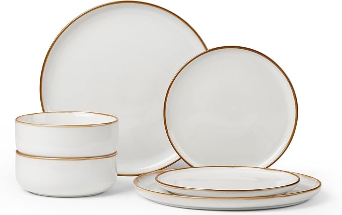 Herogo 6 Pieces Stoneware Dinnerware Dishes Set for 2, Kitchen Handmade Dining Plates and Bowls Sets, Double Reactive Glaze, Microwave & Dishwasher Safe, Scratch Resistant, Ivory White