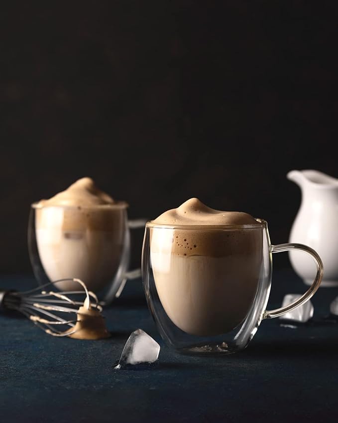 LIBWYS 4 Pack 250ml Double Walled Glass Coffee Mugs with 4 Spoons, Cappuccino Latte Tea Cups with Handle, Heat Resistant Drinking Glasses