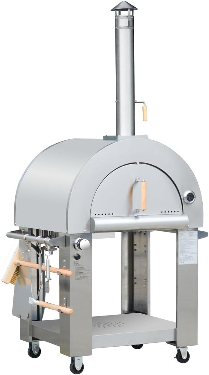 32.5 inch Propane Gas and Wood Fired Pizza Oven with Open Shelf and Wheels, Large Outdoor Oven for BBQ, Grilling, Stainless Steel Pizza Oven for Outdoor, Backyard and Party (Silver without Cover)