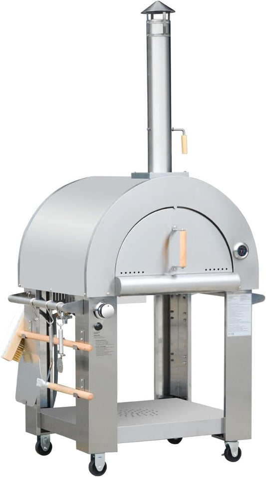 32.5 inch Propane Gas and Wood Fired Pizza Oven with Open Shelf and Wheels, Large Outdoor Oven for BBQ, Grilling, Stainless Steel Pizza Oven for Outdoor, Backyard and Party (Silver without Cover)