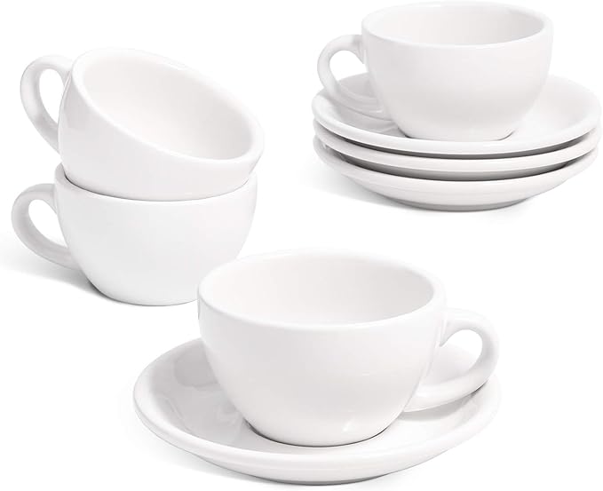 LE TAUCI 6 oz Cappuccino Cups with Saucers, Ceramic Coffee Cup for Au Lait, Double shot, Latte, Cafe Mocha, Tea - Set of 4, White