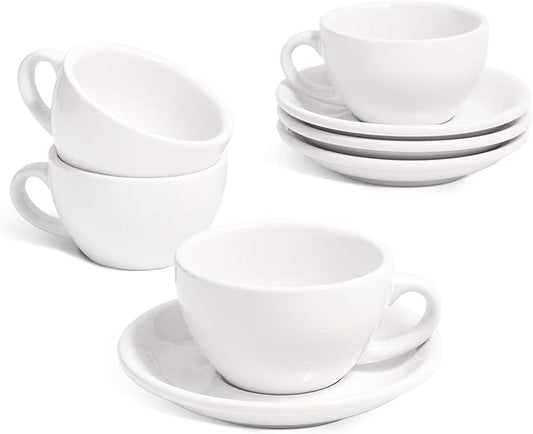 LE TAUCI 6 oz Cappuccino Cups with Saucers, Ceramic Coffee Cup for Au Lait, Double shot, Latte, Cafe Mocha, Tea - Set of 4, White