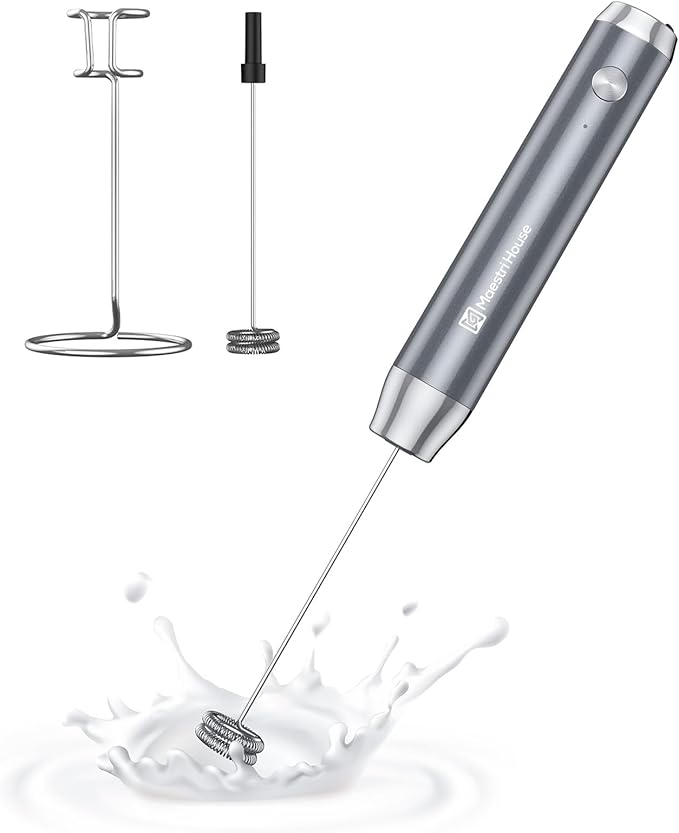 Maestri House Rechargeable Milk Frother with Stand, LunaFro Handheld Electric Foam Maker Waterproof Detachable Stainless Steel Whisk Drink Mixer Foamer for Lattes, Cappuccino