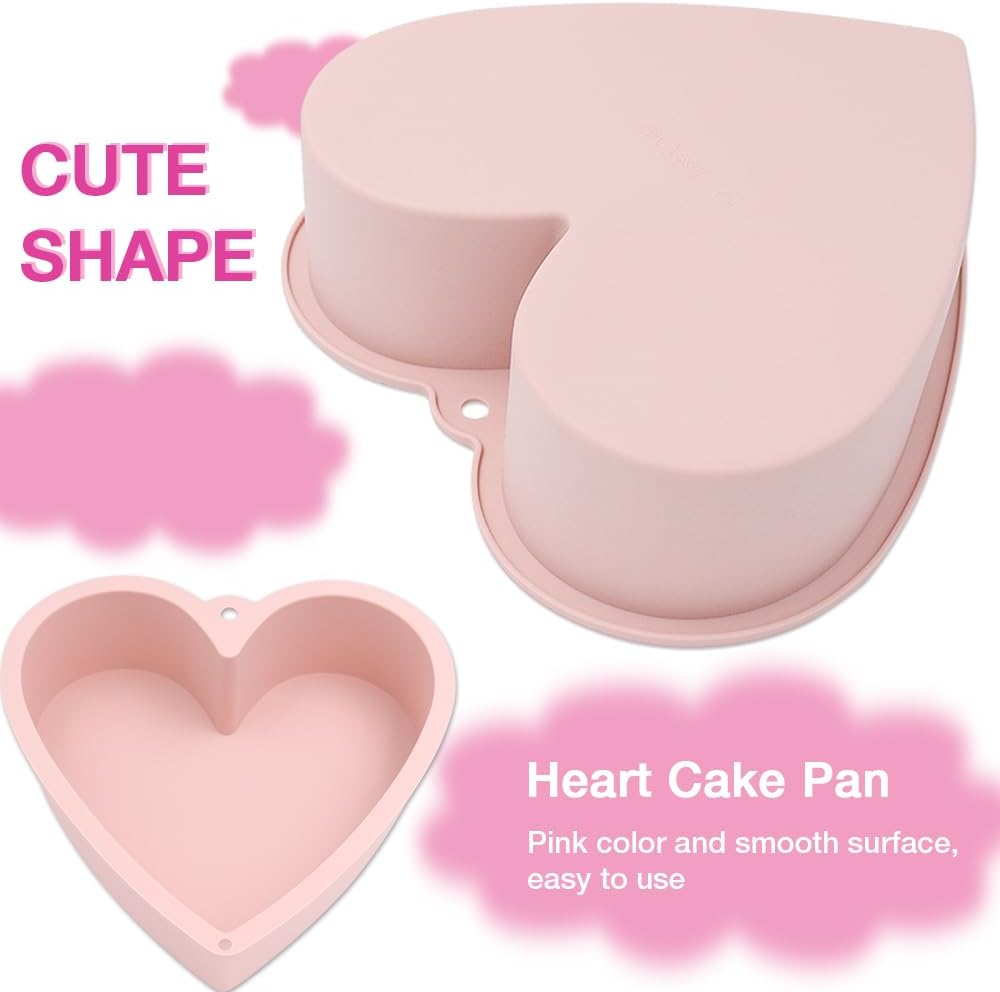 Alimat PluS Silicone Heart Shaped Cake Pans, 2pcs Heart Cake Pan 8 Inch with Hanging Hole(Pink)