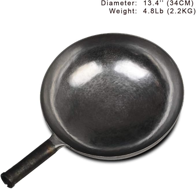 臻三环 ZhenSanHuan Chinese Hand Hammered Iron Woks and Stir Fry Pans, Non-stick, No Coating, Carbon Steel Pow (34CM, Silver - Not Seasoned)