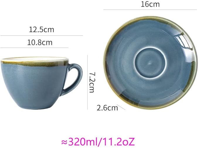 SHUER Ceramic Cappuccino Cup Set of 4, 11.2 OZ Cups and Saucers Set,Coffee Mocha Cup Sets,Black Coffee Cups and Glaze Americano Mug Great for Party and Low Tea Time (Blue 320ml)