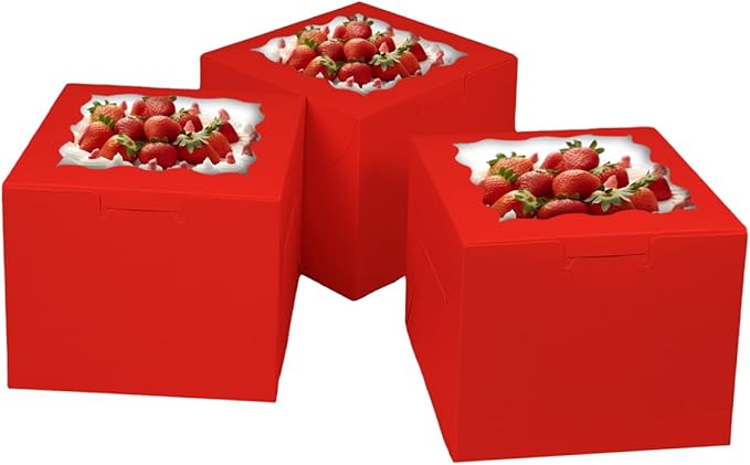 Bakepacker 36pcs 6x6x5 Inches Cake Boxes with Window 18-Packs Red Cake Boxes 6 Inch Bakery Boxes (18 Cake Boxes +18 Cake Boards Included)