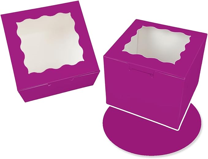 Bakepacker 36pcs 6x6x5 Inches Cake Boxes with Window 18-Packs Deep Purple Cake Boxes 6 Inch Bakery Boxes (18 Cake Boxes +18 Cake Boards Included)