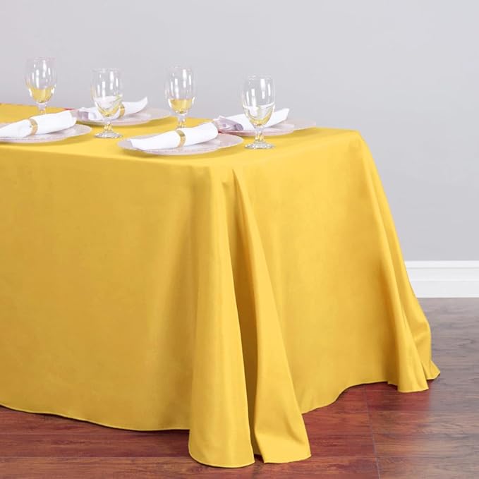LTC LINENS Bulk 10-Pack Gold Rectangular Tablecloths 90 In x 156 In with Rounded Corners - Ideal for 8 ft Tables with Floor-Length Drop -Wrinkle Resistant Polyester Fabric Cloth Table Covers for Party