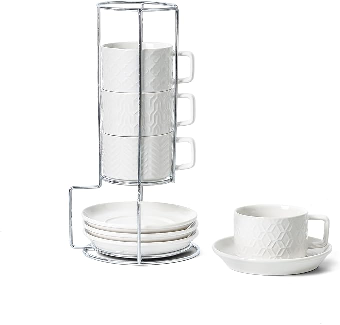 Sureasy Ceramic Espresso Cups Set of 4 – 4 oz White Embossed Cappuccino Cups with Saucers and Metal Stand, Stackable Mugs for Latte, Mocha, Tea, and Specialty Coffee