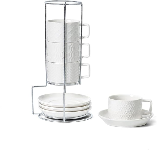 Sureasy Ceramic Espresso Cups Set of 4 – 4 oz White Embossed Cappuccino Cups with Saucers and Metal Stand, Stackable Mugs for Latte, Mocha, Tea, and Specialty Coffee