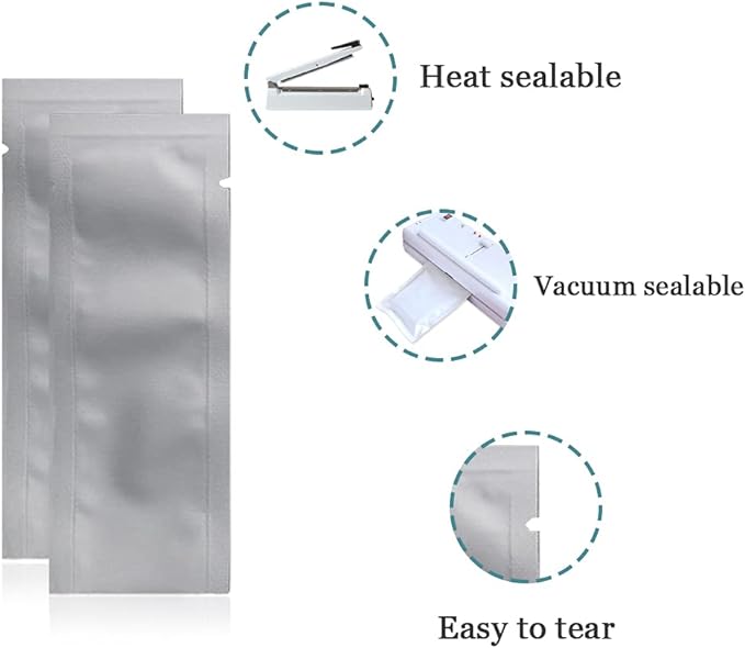PABCK 100 Pcs 2.36x9.45 inch (Inside Size 1.97x9.05 inch) Coffee Food Storage Heat Sealable 3.34mil Mylar Pure Foil Bag Vacuum Pouch for Sampling Packaging Aluminum Foil Package