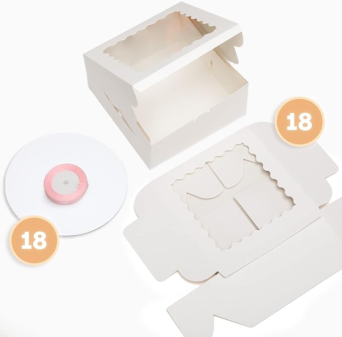 Bakepacker 36pcs 6x6x5 Inches with Window 18-Packs White 6 Inch Bakery Boxes (18 Cake Boxes +18 Cake Boards + 10 Meters Silk Ribbon Includes Included)