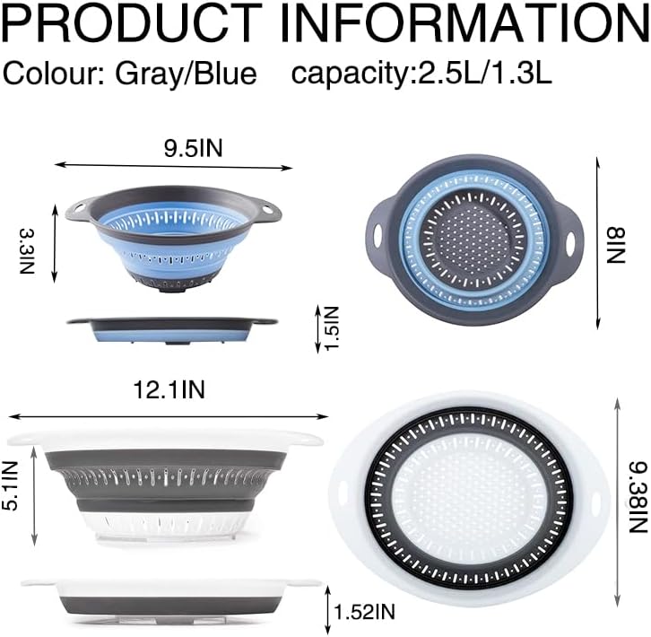 Collapsible Colander Set, Square Round Triangles Silicone Kitchen Strainer Perfect for Draining Pasta Vegetable fruit 2 PCS (Gray&Blue, 12"L x 9.5"W x 2.3"H)