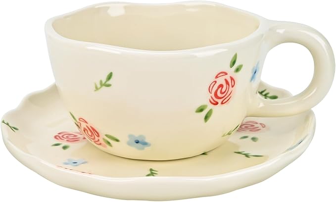Koythin Ceramic Coffee Mug with Saucers, Handmade Flowers Mugs, Cute Cup for Girl Women, Aesthetic Tea Milk Cup with Handle, 8.5 oz/250 ml for Latte, Cocoa, Office, Home (Rose Blue Flower)