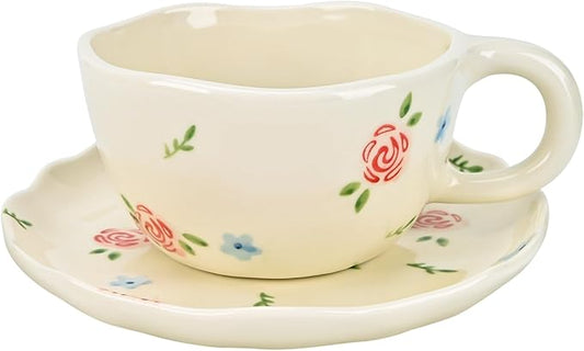 Koythin Ceramic Coffee Mug with Saucers, Handmade Flowers Mugs, Cute Cup for Girl Women, Aesthetic Tea Milk Cup with Handle, 8.5 oz/250 ml for Latte, Cocoa, Office, Home (Rose Blue Flower)