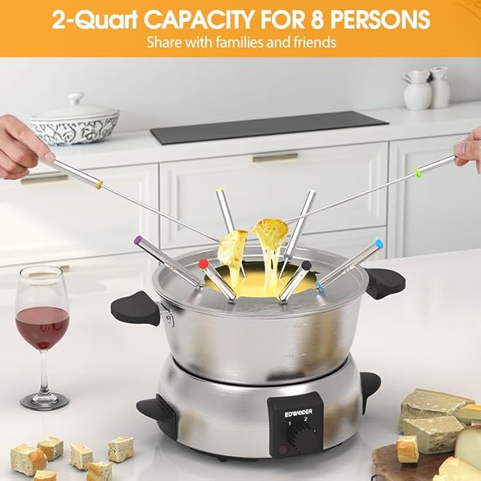 Electric Fondue Pot Set,2-Quart 1000-Watt Stainless Steel Fondue Maker with Temperature Control,8 Forks,Perfect for Chocolate, Cheese, Caramel