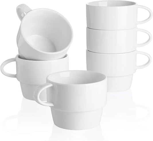 Sweese 6-Pack Porcelain Latte Cups - Stackable 10 Ounce Coffee Mugs for Cappuccino, Mocha, Tea - Space-Saving, Chip-Resistant - Dishwasher Friendly – Ideal for Home and Café, White