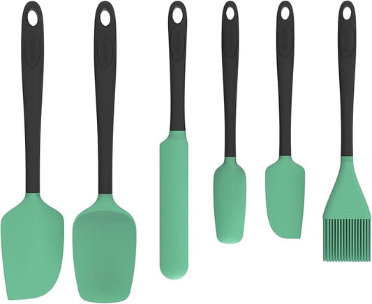 Silicone Spatula Set, 6 Pieces Food Grade Kitchen Utensils with Silicone Brush Heat Resistant Dishwasher Safe BPA-free Rubber Spatula for Scraping, Baking, Cooking, Mixing (Aqua Green)