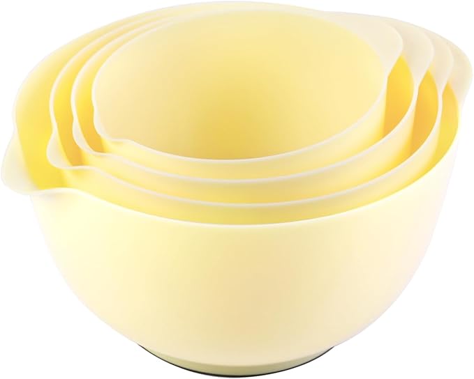 BoxedHome Nesting Plastic Mixing Bowl Set, 4 Piece Mixing Bowl Set with Pour Spouts, Size 1.7, 2.5, 3.5 and 4.5qt, for Prepping, Mixing, Baking, Cooking(2023 New Version, Yellow)