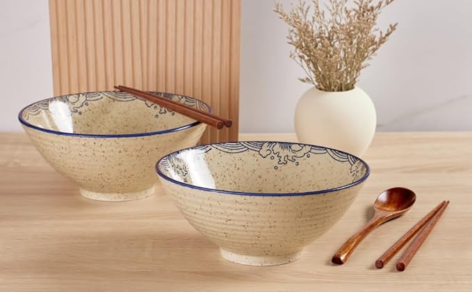 2 x 40 OZ ceramic ramen bowls, 8 IN large Japanese noodle soup bowl, match chopsticks and spoons, suitable for Pho, Udon Asian noodles (Japanese fish 2 set)
