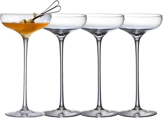 Crystal Cocktail Coupe Glasses, Long Stem, Hand Blown, 8 oz, Set of 4, Clear