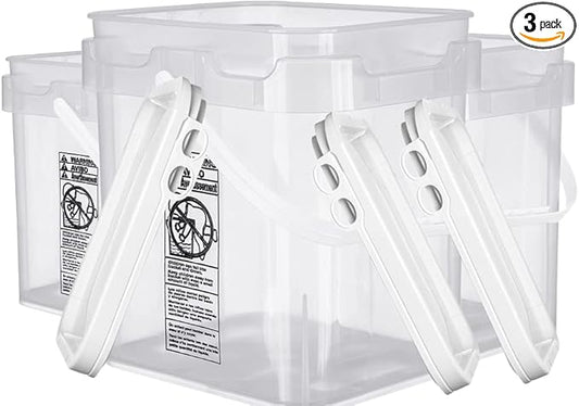 House Naturals 4 Gallon Food Grade Plastic Square clear bucket pail with lid container (Pack of 3) Made in USA- BPA Free