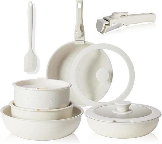 12 Pcs Pots and Pans Set, Nonstick Kitchen Cookware Sets Detachable Handle, Induction Healthy Non Stick RV Cookware, Dishwasher ＆ Oven Safe, Beige