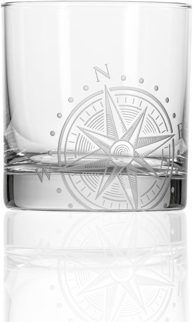 Rolf Glass Compass Star On the Rocks Glass 10 ounce | Lead-Free Glass | Nautical Themed Glassware | Stylish Drinkware for Home Bar and Parties | Made in the USA | Set of 2