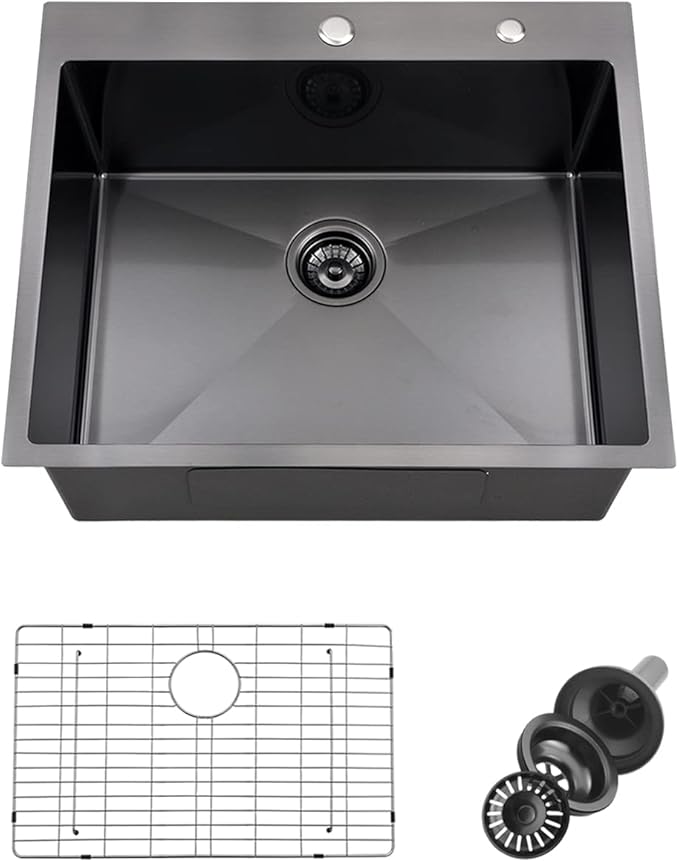 25 Inch Black Drop In Kitchen Sink, Doirteal 25 x 22 x 10 Inch Matte Black Bar Sink Topmount 16 Gauge Stainless Steel Single Bowl Kitchen Sinks Single Basin with Bottom Grid