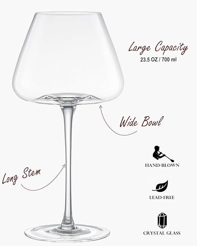 Hand-Blown 23.5OZ Crystal Wine Glasses Set of 4 for Pinot Noir, Burgundy, Bordeaux, Large Lead-Free Crystal Glasses with Unique Bottom Design for Red, White Wine, Big Oversized Glasses