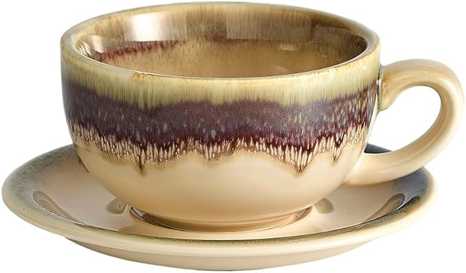 Vintage Design 12 oz Ceramic Latte Art Cappuccino Barista Cup with Saucer (Brown)