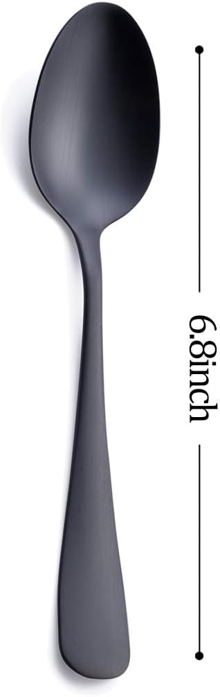 Matte Black Dessert Spoon, GoGeiLi Stainless Steel Satin Finish 6.8-inch Teaspoon Coffee Spoon Set, Service for 6, Dishwasher Safe