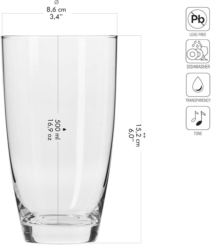 Krosno Tall Water Drinking Glasses, Set of 6, 16.9 oz Mixology Collection, Ideal for Everyday Use, Drinking Glasses, Lead-Free and Safe, Dishwasher Safe, Made in Europe