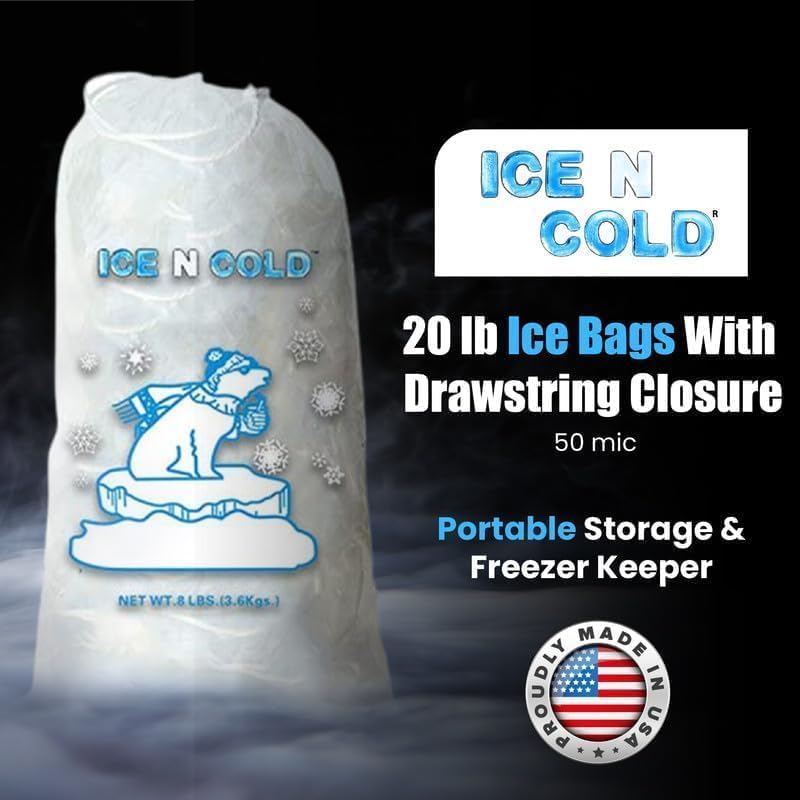 Ice Bags with Drawstring Closure | 20lb, 300ct/cs | 50 mic Thickness | Portable Storage and Freezer Keeper