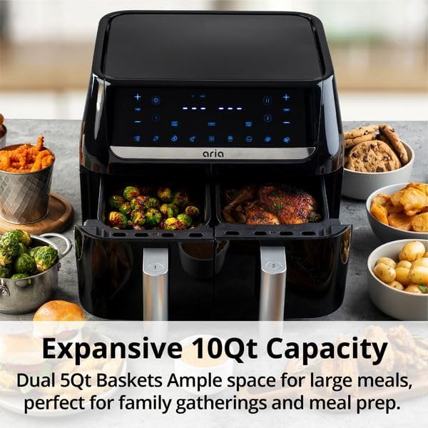 Aria 10 Qt Dual Air Fryer with 2 Baskets, Smart Sync Dual Air Fryers, Easy Clean Dishwasher Safe Double Basket, Large Sized for Family Meals, XL Touchscreen Display, 8 Meal Presets, Black