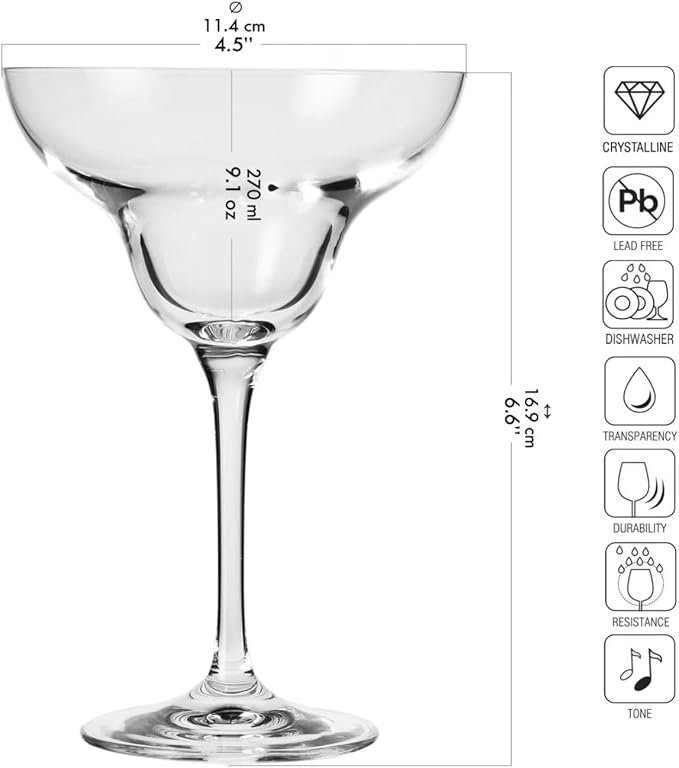 KROSNO Margarita Cocktail Glasses, Set of 6, 9.1 oz, Mixology Collection, Ideal for Cocktails, Frozen Desserts, Dishwasher Safe, Made in Europe