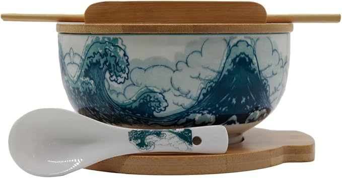 XWORLD Japanese Ceramic Ramen Noodle Bowls Set with Ceramic Spoon, Bamboo Chopsticks, Lid & Trivet, Serving Capacity of 33.8 OZ, Microwavable Oven Safety (3.3” x 6.6” D) (Blue Sea)