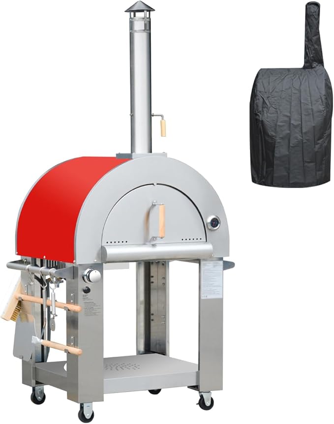 32.5" Propane Gas and Wood Fired Pizza Oven with Waterproof Cover, Large Outdoor Oven with Open Shelf and Wheels for BBQ, Grilling, Stainless Steel Pizza Oven for Outdoor, Backyard and Party (Red)
