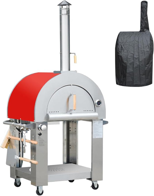32.5" Propane Gas and Wood Fired Pizza Oven with Waterproof Cover, Large Outdoor Oven with Open Shelf and Wheels for BBQ, Grilling, Stainless Steel Pizza Oven for Outdoor, Backyard and Party (Red)