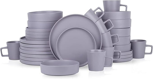 Stone Lain Cleo Stoneware 32-piece Round Dinnerware Set, Light Gray,Service For 8,Coupe - Celina