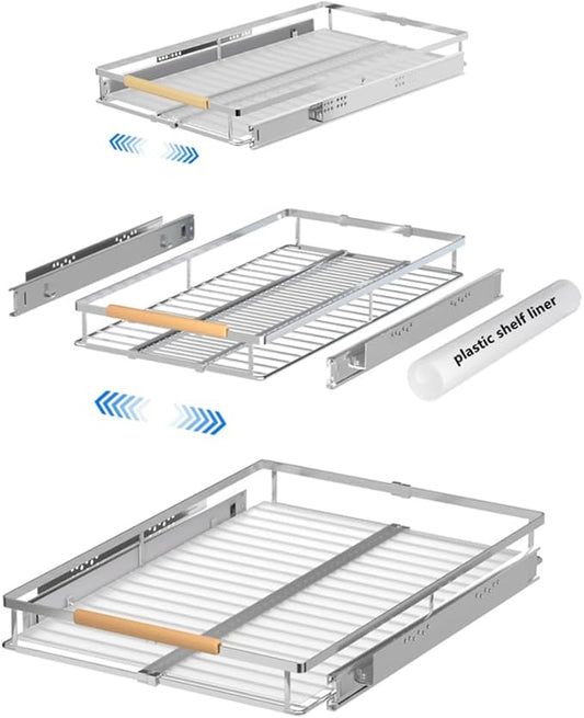 Expandable Pull Out Cabinet Drawer, Slide Out Shelves Heavy Duty Metal, Kitchen Pantry Under Sink Storage Roll Out Drawer for Pots, Pans, 22.4''Deep(3 Pack)