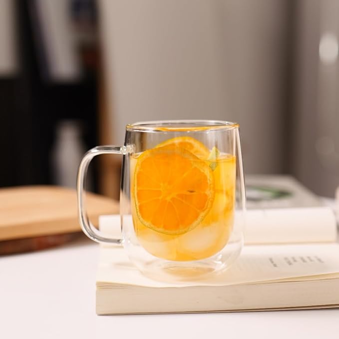 CNGLASS Large Double Wall Glass Coffee Mug 15.2oz,Clear Insulated Glass Espresso Cup with Big Handle,set of 2