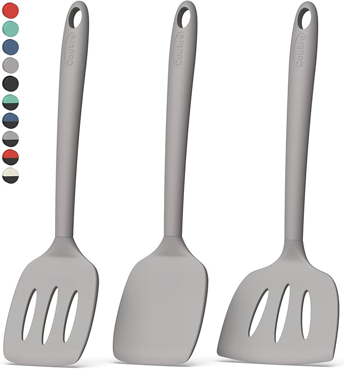 Coukre 3 Pack Silicone Spatula Set, High Heat Resistant, BPA-Free, Fish Spatula, Solid & Slotted Turner for Non-Stick Pans, Flipping Eggs, Pancakes, Fish, Burgers (3, PureGray)