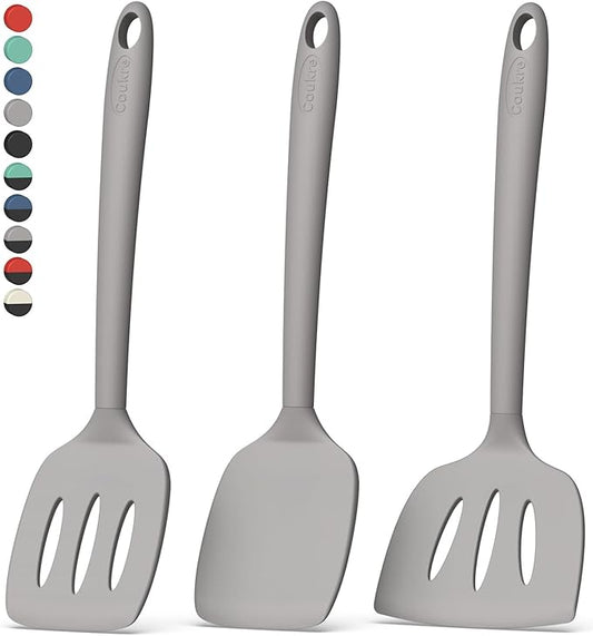 Coukre 3 Pack Silicone Spatula Set, High Heat Resistant, BPA-Free, Fish Spatula, Solid & Slotted Turner for Non-Stick Pans, Flipping Eggs, Pancakes, Fish, Burgers (3, PureGray)